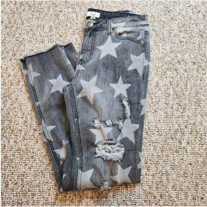 Easel LA Womens Distressed Jeans Star Print Raw Hem Y2K Grunge Americana  Size S